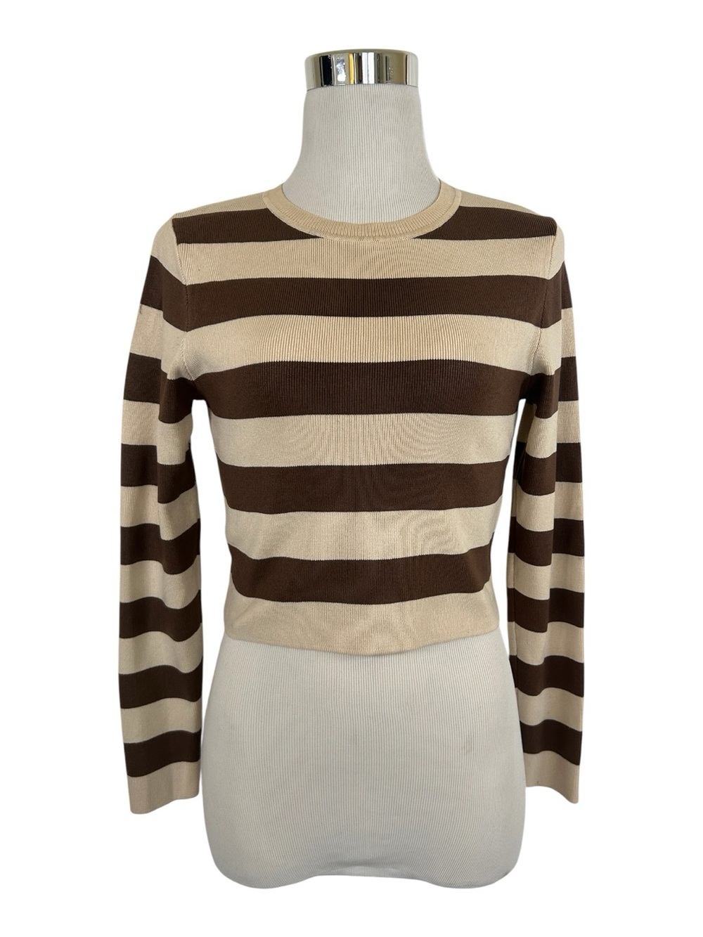 ZARA Striped Cropped Knit Sweater Brown & Cream Ecru Size L Long Sleeve